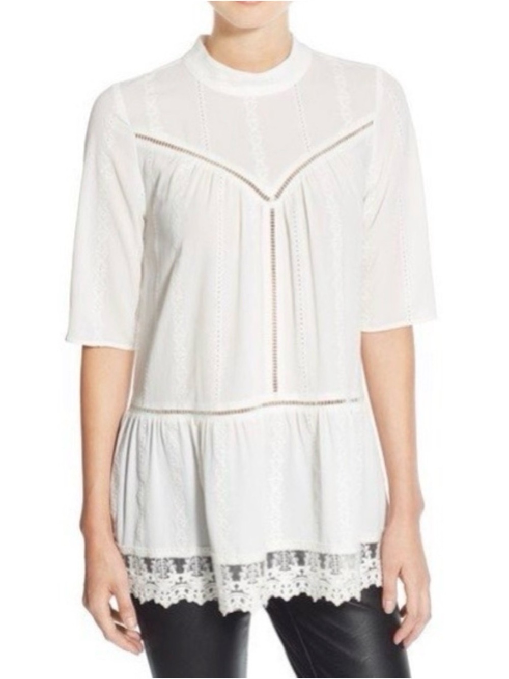 Women's LEITH White Lace-Trim Peplum Top - Picture 3 of 4